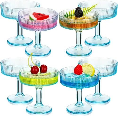 Teenyyou 8 vasos de Martini vintage acanalados de 7 onzas, copas de Martini de champán, cristalería clásica de cóctel, cristalería acanalada Azul