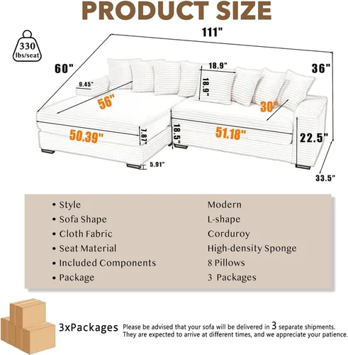 Miniatura 2 de Sofá modular moderno de 111 pulgadas, sofá de pana en forma de L con diván izquierdo, salón extra ancho, 8 almohadas, juego de sofá esquinero