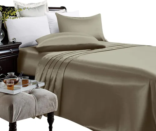 Miniatura 20 de Anex Linen Juego de sábanas de satén, juego de ropa de cama de 4 piezas, hilos altos, juego de sábanas 100% satén beige ultra suave, juego