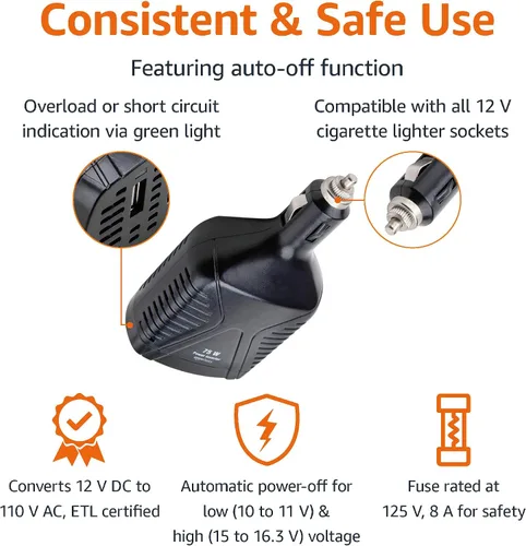 Miniatura 3 de Amazon Basics Inversor de corriente para automóvil de 750 W, 12 V a 110 V para vehículos, gris, 8.34 x 5.2 x 2.2 pulgadas