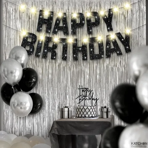 Miniatura 5 de KatchOn, Juego de decoraciones de cumpleaños negras y plateadas, paquete de 5, pancarta de feliz cumpleaños con purpurina, fondo plateado, luz LED