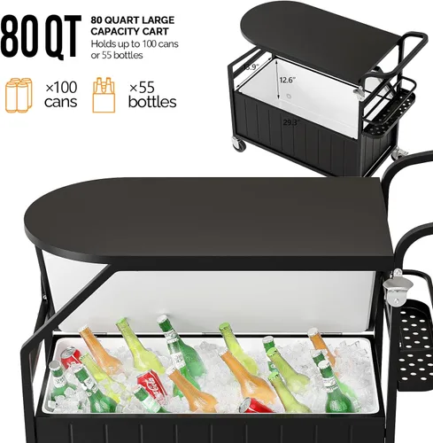 Miniatura 4 de VINGLI Enfriador de patio, baúl de hielo con mesa, abridor de botellas, enfriador al aire libre para fiesta, terraza, piscina Negro