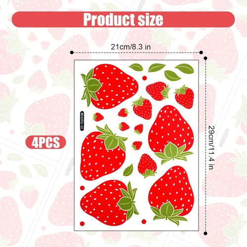Miniatura 2 de 4 hojas/92 calcomanías de pared de fresa, calcomanías de pared de frutas extraíbles para dormitorio de niñas, dormitorio, comedor, cocina, baño