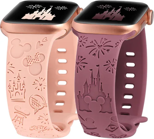 2 paquetes de correas grabadas con dibujos animados compatibles con Apple Watch de 38/40/41/42/44/45/46/49 mm, correa de silicona suave y linda para
