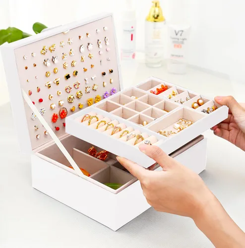 Miniatura 17 de Joyero de pendientes para mujeres y niñas, organizador de aretes de 5 capas, caja organizadora de joyas blanca con candado, collares y aretes