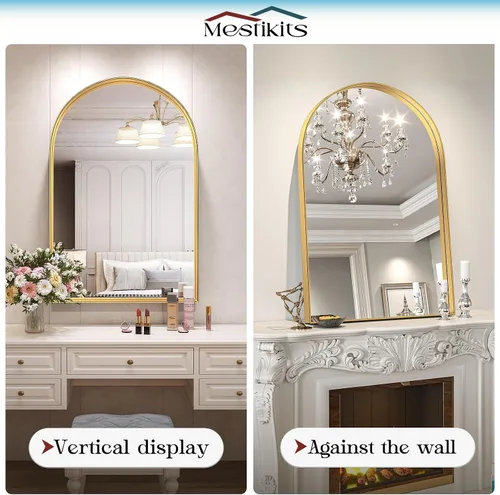 Miniatura 7 de Espejo de arco de 30 x 40 pulgadas para baño, espejo de pared arqueado dorado, espejo de tocador, marco de metal dorado, espejos de arco para sala