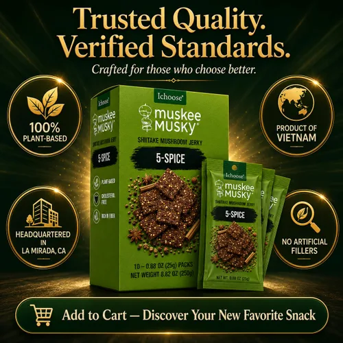 Miniatura 6 de IChoose Muskee - Carne seca de hongos almizclada sabor a 5 especias, cecina vegana de hongos shiitake a base de plantas, sin colesterol, rica