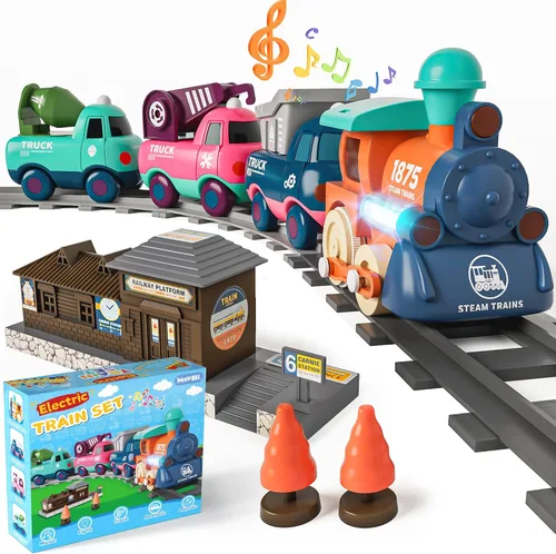 MORECOLL Juego de Tren Eléctrico para Niños Pequeños y Niños con Música, Luces y Vías - Primer Tren Choo Choo, Conexión Magnética, Regalos de