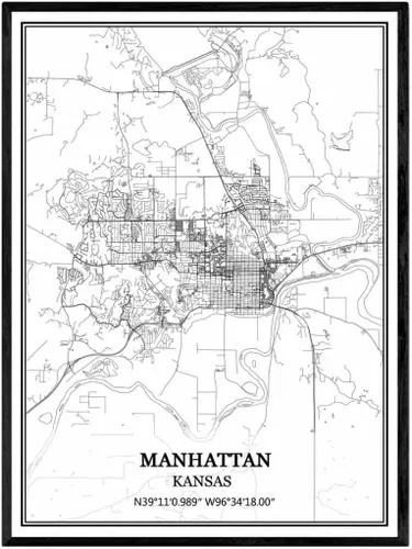 TANOKCRS Póster impreso en lienzo de Manhattan Kansas Estados Unidos, diseño de mapa de Estados Unidos, sin marco, moderno, en blanco y negro,