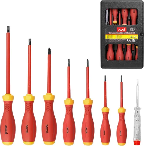 XOOL Juego de destornilladores eléctricos aislados de 1000 V, 8 piezas con puntas magnéticas, mango antideslizante, ranurado y Phillips, acero al