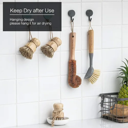 Miniatura 7 de Juego de 4 cepillos de bambú natural para limpiar botellas, con dispensador de jabón de cerámica, cepillos de madera con asas resistentes