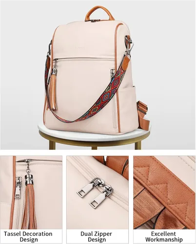 Miniatura 4 de FADEON Mochila de cuero para mujer, diseño de mujer, bolsa de hombro de moda, mochila de viaje convertible de PU, E Beige Con Marrón, Medium