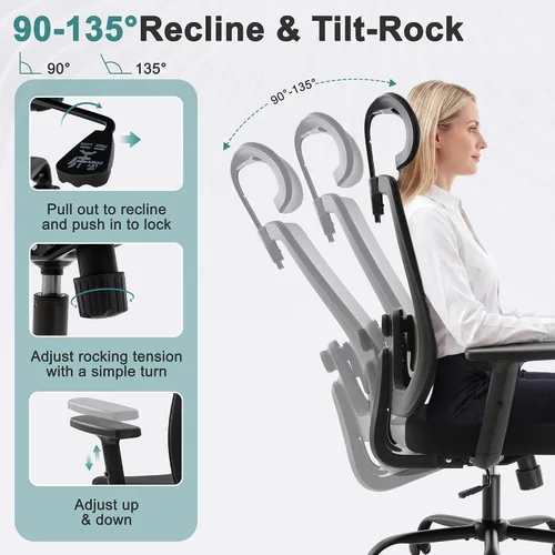 Miniatura 5 de Shintenchi Silla de oficina de malla, silla ergonómica de escritorio de oficina en casa con soporte lumbar ajustable, reposacabezas, inclinación