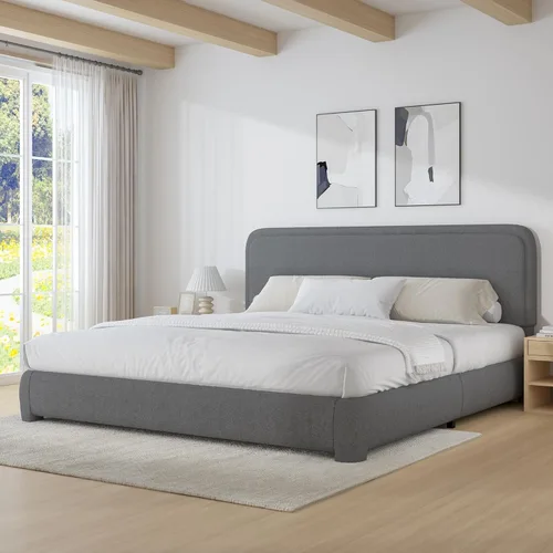 Miniatura 15 de BarnFurin Cloud Boucle - Base de cama de tamaño matrimonial, plataforma tapizada con cabecero, esquinas redondeadas suaves, no requiere somier, Beige