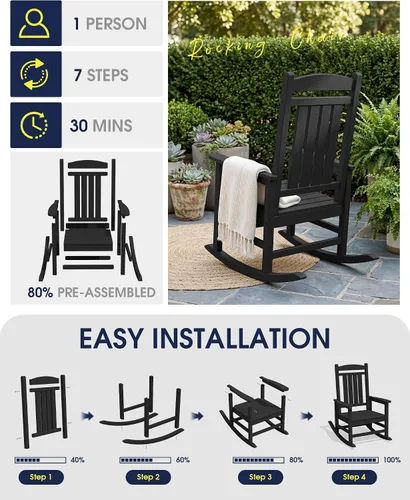 Miniatura 7 de Mecedoras de exterior KINGYES, mecedoras de patio todo clima de HDPE con respaldo alto para adultos, de color negro Negro oscuro