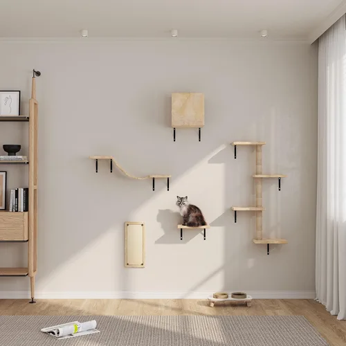 Miniatura 3 de Muebles montados en la pared de árbol para gatos, estantes de escalada para jugar con gatitos y relajarse, incluye tabla de rascar, puente de Beige