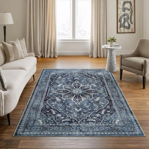 Miniatura 17 de Bloom Rugs Caria Alfombra Lavable Antideslizante de 7 pies - Azul/Carbón Alfombra Tradicional para Entrada, Pasillo, Baño y Cocina - Tamaño Exacto