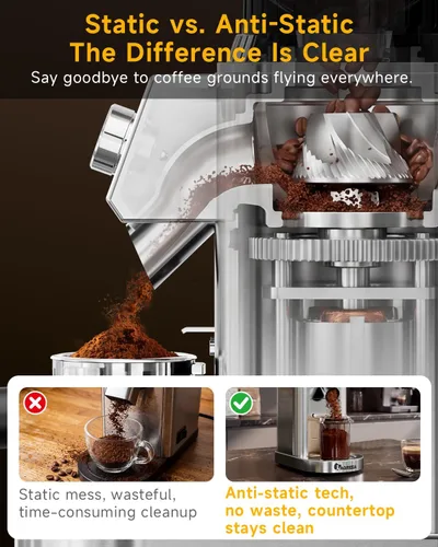 Miniatura 6 de IAGREEA Molinillo de café con rebabas cónicas, 48 ajustes de molienda, antiestático de baja velocidad de 450 RPM, temporizador de precisión, soporte