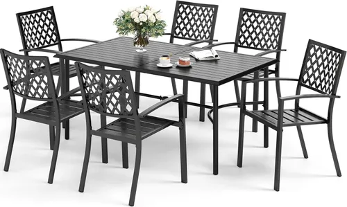 Miniatura 20 de SUNSHINE VALLEY Juego de 7 sillas de comedor para patio, material metálico, 6 sillas de comedor de color teca rectangular con agujero para sombrilla