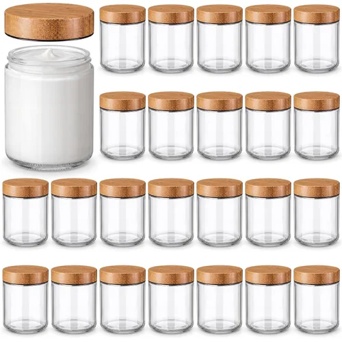 Miniatura 8 de Norme 120 tarros de vidrio de 4 onzas con tapas, recipientes de vidrio vacíos con tapas de grano de madera y revestimientos interiores