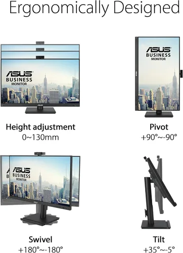 Miniatura 4 de ASUS Monitor de videoconferencia 1080P de 24" (BE249QFK) - IPS, 100Hz, sin marco, cámara web Full HD, matriz de micrófono, altavoces, altura