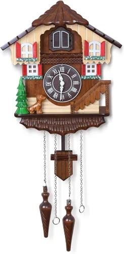Kendal Reloj de cuco grande de pared vintage, reloj de cuco de madera hecho a mano con pájaro cantor y perros al frente de la casa, decoración del