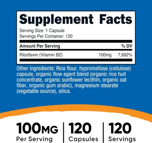 Miniatura 2 de Nutricost Vitamina B2 (Riboflavina) 100mg, 120 Cápsulas - Sin Gluten y Sin OGM