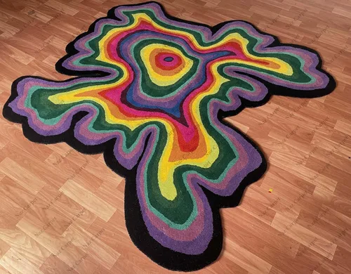 Miniatura 12 de Alfombra de forma irregular con patrón de ilusión copetuda a mano, 100% lana, hecha a mano (color multicolor, 4 x 4 pies)