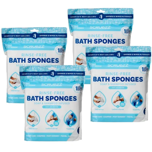 Scrubzz - Toallitas de baño desechables, sin enjuague, todo en 1, un solo uso, humedécelas, haz espuma y seca sin champú ni enjuagar (sin perfume, 4