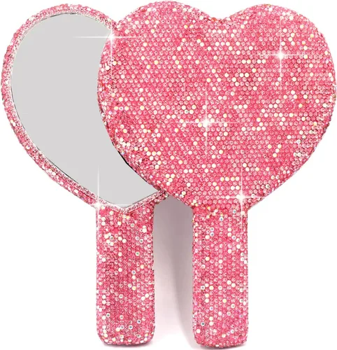 Espejo de mano con forma de corazón con diamantes de imitación, espejo de maquillaje portátil y deslumbrante para retoques sobre la marcha (plástico