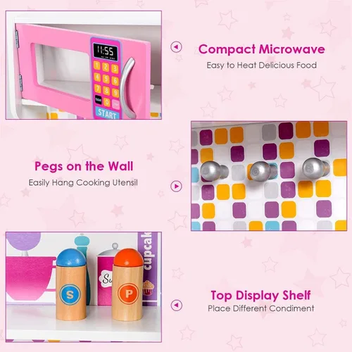 Miniatura 6 de OLAKIDS - Juego de cocina para niños, cocina de madera para niños pequeños con sonidos reales, estufa, microondas, horno, fregadero, gabinete