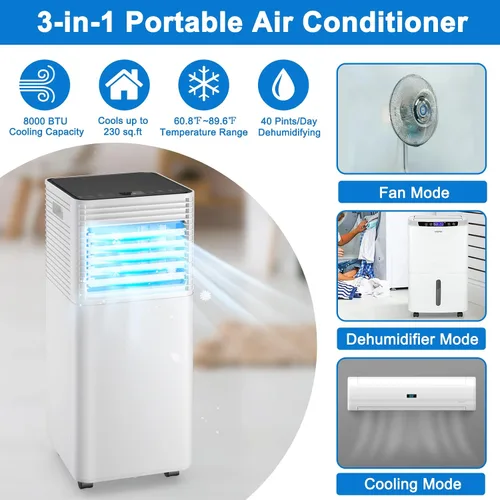 Miniatura 2 de GOFLAME Aire acondicionado portátil, potente unidad de CA de 8000 BTU con control remoto y 4 ruedas universales, enfriador de aire 3 en 1