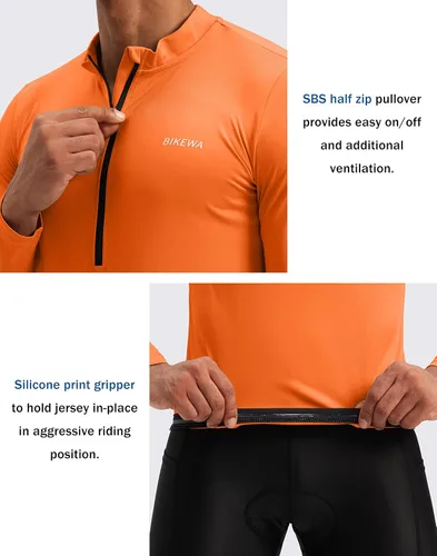 Miniatura 4 de Bikewa Maillot de ciclismo para hombre con 3+1 bolsillos traseros con cremallera, manga larga, absorción de humedad, UPF 50+ media cremallera