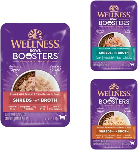 Wellness Bowl Boosters - Paquete variado de comida húmeda para gatos (paquete de 36): salmón en copos y atún en caldo + atún en copos y camarones en