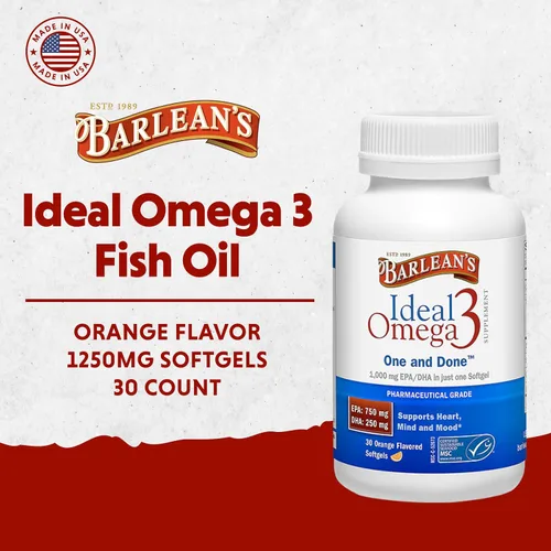 Miniatura 2 de Barlean's Ideal Suplemento de aceite de pescado Omega 3, 1000 mg cápsulas blandas, grado farmacéutico EPA y DHA para la salud del cerebro
