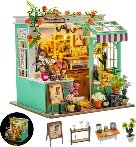 DIY Miniature House Kit, Alice Garden Tiny 3D Wooden House Making Set for Adults, Dollhouse Bookshelf Decor with Furniture & LED Lights, Christmas