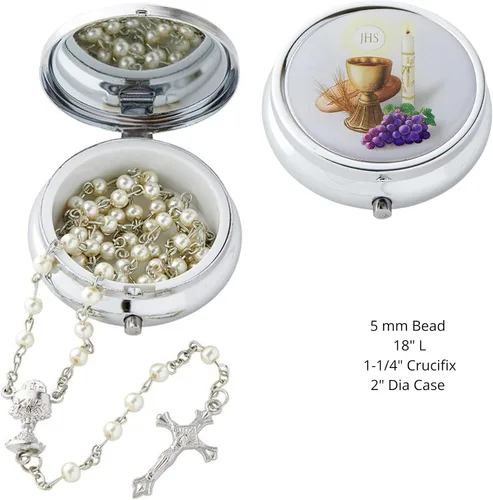 Miniatura 6 de Juego de regalo religioso de la Primera Comunión, soporte de joyería en tono plateado y collar de cuentas de oración blanca, rosario de recuerdo