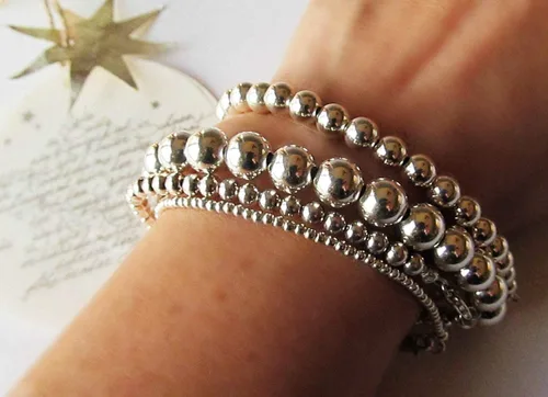 Miniatura 3 de Pulseras de cuentas para mujer apiladas elásticas doradas plateadas pequeñas cuentas de bola delicadas pulseras de eslabones Figaro para él y ella