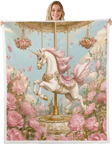 Miniatura 15 de Manta de franela de unicornio para todas las estaciones, manta romántica de carrusel de parque de atracciones, estilo princesa, diseño de cuento