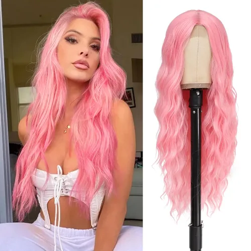 Peluca larga rosa para cosplay, peluca sintética de 28 pulgadas con raya en el medio, regalos realistas, pelucas de fiesta para mujeres, uso diario,
