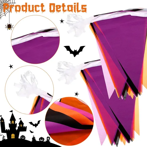 Miniatura 3 de Tatuo Banderín de Halloween de 656 pies, 20 unidades, bandera triangular, morado, naranja, negro, banderines de tela, banderines de tela para fiesta