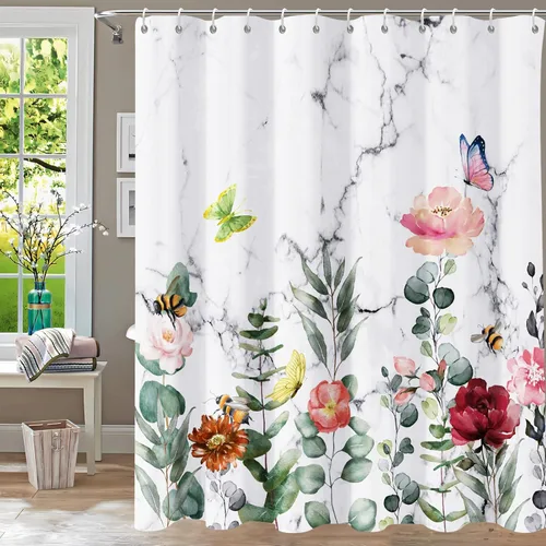 Miniatura 11 de Cortina de ducha, cortinas de eucalipto púrpura para baño, cortinas de baño con hojas en acuarela lavables, impermeables, juego de cortinas de hojas