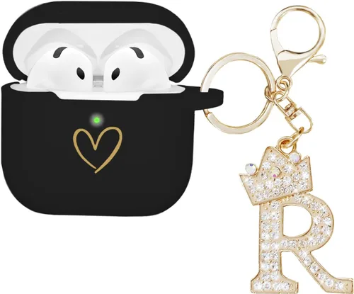 Miniatura 16 de Compatible con AirPods 4 Cover 2024, funda de silicona suave con patrón de corazón dorado para 4ª generación, llavero de letra A-Z con diamantes
