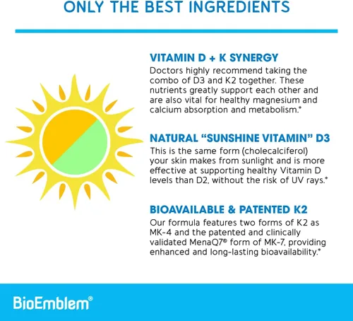 Miniatura 4 de BioEmblem Cápsulas de vitamina D3 K2 (5000IU y 200 mcg) – MK7 y MK4 patentadas para apoyo complejo 3 en 1 – Suplemento vegetariano de vitamina D K2