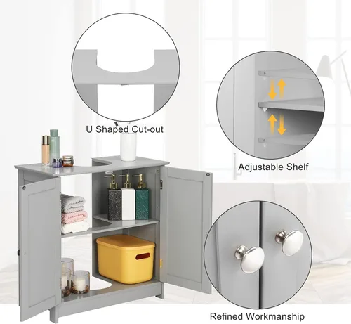 Miniatura 4 de VINGLI Armario de baño para debajo del fregadero, fregadero de pedestal, organizador de almacenamiento independiente con 2 puertas, estante