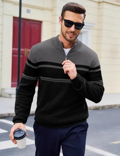 Miniatura 50 de MAGCOMSEN Suéteres de algodón con cremallera de 1/4 para hombre, suéter tipo polo, a rayas, para otoño e invierno, sudaderas cálidas