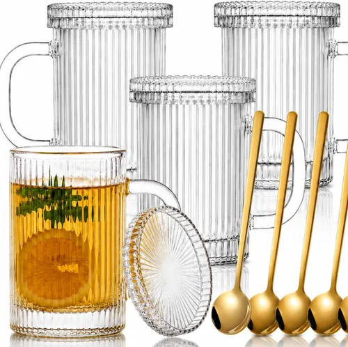 Noamus Paquete de 4 tazas de café de vidrio con tapa y cuchara, taza de té de rayas verticales acanaladas de 13 onzas, juego de cristalería clásica
