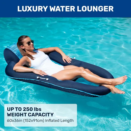 Miniatura 2 de Aqua Luxury - Colchón inflable extralargo para piscina, flotador con reposacabezas, respaldo y reposapiés, diseño azul marino/azul claro