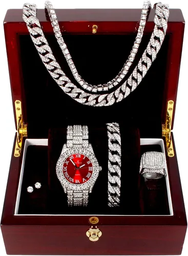 Miniatura 2 de Charles Raymond Reloj de hombre con números romanos y carátula de color recubierto con cristales grandes que imitan diamantes Pulsera de cadena