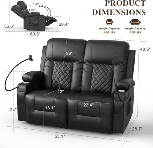 Miniatura 2 de Furnimat Juego de sofá reclinable con 2+1 piezas para sala de estar, sofá reclinable de 2 plazas en cuero, 1 silla reclinable con asiento de sofá